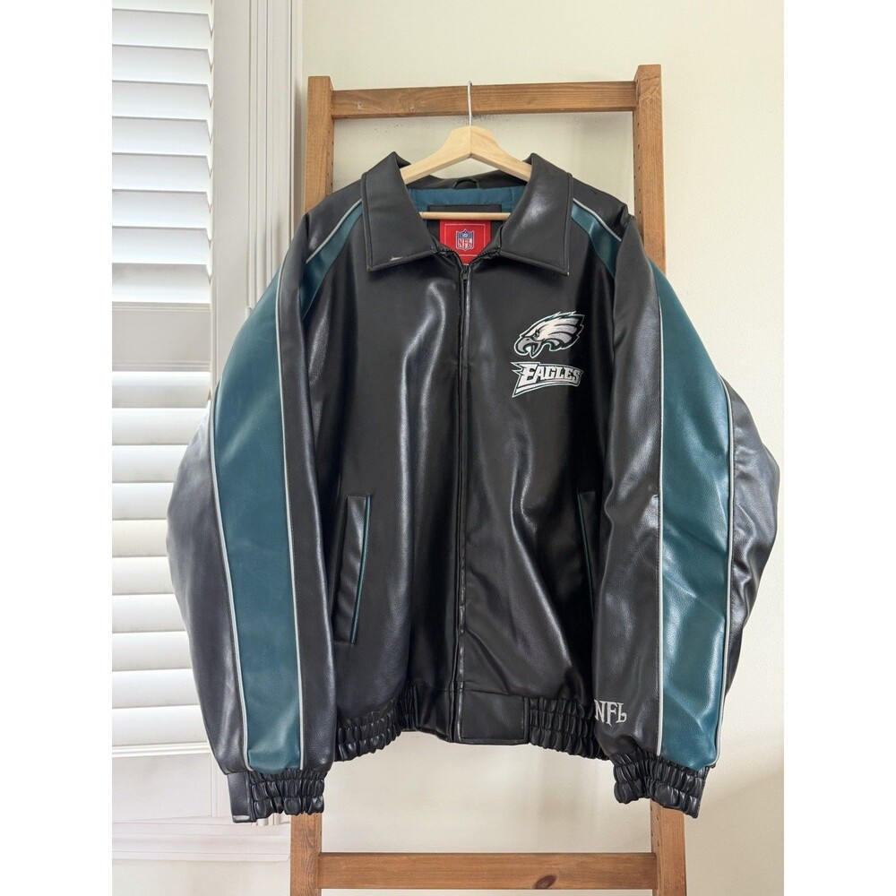 Y2K NFL Philadelphia Eagles Black Faux Leather Jacket Back LOGO XXL